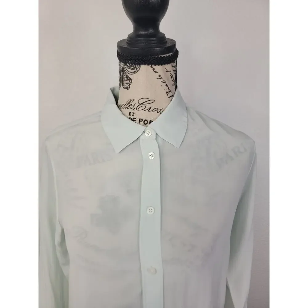 Everlane Blouse Womens SZ 00 Green 100% Silk button Up Shirt Semi Sheer